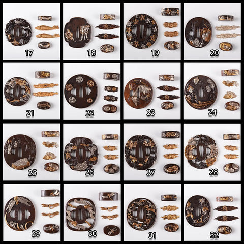 Grid of Gold And Silver Plated Brass Tsuba Set With Kashira, Fuchi, And Menuki For Katana Wakizashi And Tanto Handguard Mountings