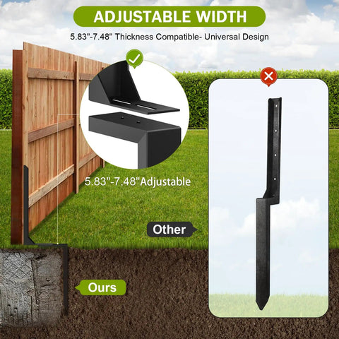 Set Of 4 Heavy Duty Fence Post Repair Anchors With Adjustable Width Ground Stakes, showing adjustable widths and installation comparison.