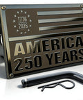 Limited Edition American Flag Trailer Hitch Cover Honoring 250 Years Of Freedom with riveted aluminum in black finish