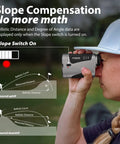Person using No-Brainer Pro Grade Golf Rangefinder With Slope Switch, Flag Lock And Vibration, 1500 Yard Range in outdoor setting