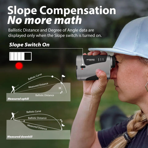 Person using No-Brainer Pro Grade Golf Rangefinder With Slope Switch, Flag Lock And Vibration, 1500 Yard Range in outdoor setting