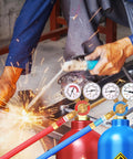 Oxygen and Acetylene Flashback Arrestor Set with regulators in use during welding, showing brass build with 9/16-18 thread end