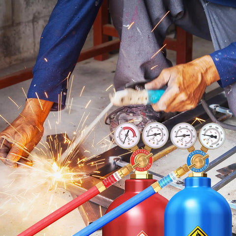 Oxygen and Acetylene Flashback Arrestor Set with regulators in use during welding, showing brass build with 9/16-18 thread end