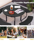 Round Outdoor Picnic Table For Eight With Built In Benches, Umbrella Hole, Sturdy Metal Frame And HDPE Top in various settings