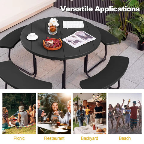 Round Outdoor Picnic Table For Eight With Built In Benches, Umbrella Hole, Sturdy Metal Frame And HDPE Top in various settings