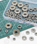 Miniature steel ball bearings; top view, assorted sizes in a plastic case
