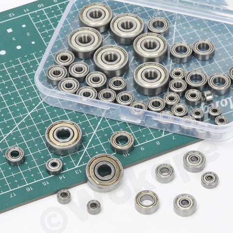 Miniature steel ball bearings; top view, assorted sizes in a plastic case