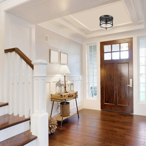 Three Light Rustic Modern Flush Mount Ceiling Light In Dark Bronze With Brass Details And Clear Glass Shade E26 Base