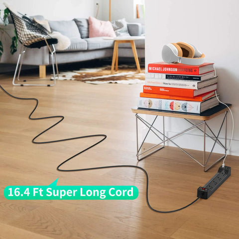 16.5 Foot Long Power Strip With Flat Plug Seven Wide Spaced Outlets And Three USB Ports Surge Protector in living room