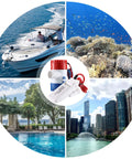 12 V 1100 GPH Bilge Water Pump With Automatic Float Switch For Boats, shown in marine, pool, and city environments.