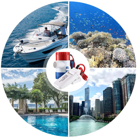 12 V 1100 GPH Bilge Water Pump With Automatic Float Switch For Boats, shown in marine, pool, and city environments.