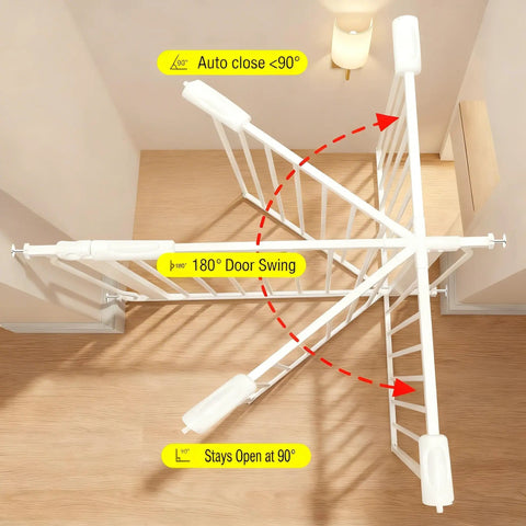 Top view of Narrow Baby Gate For Small Dogs 24 Inch showing 180° double-sided door swing and auto-close feature at 90°.