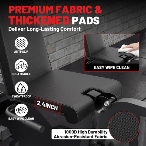 2 in 1 Leg Extension And Curl Machine for Home Gym showing premium fabric, thickened pads, and easy wipe clean feature.