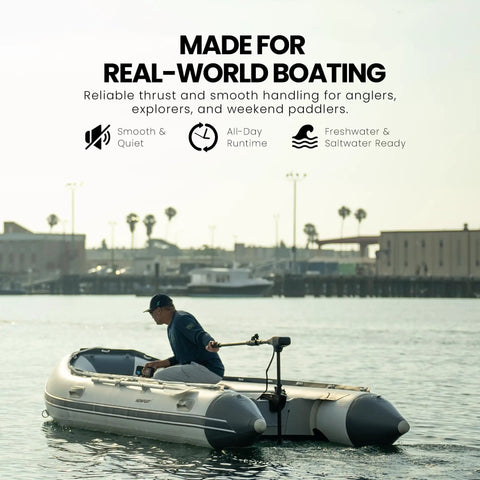 36 Lb Thrust Saltwater Trolling Motor For Kayak Canoe Small Boat Transom Mount Electric Motor With LED Battery Indicator 30 Inch Shaft Quiet Operation 12V Or 24V on inflatable boat in harbor.