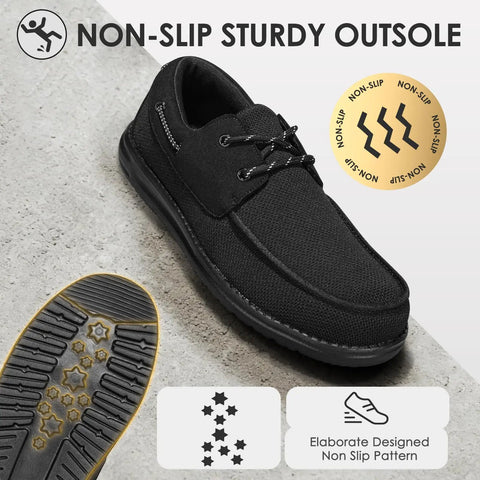 Men's Steel Toe Work Shoes Slip Resistant Lightweight Safety Loafers Built For Tough Jobs On Construction And Factory Floors With All Day Comfort And ASTM F2413 18 Impact Protection Black Size 7 shown with non-slip outsole and detailed tread design.