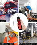 Wale&Morn handheld refrigerant leak detector with flexible probe; black body, red digital display.