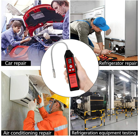Wale&Morn handheld refrigerant leak detector with flexible probe; black body, red digital display.