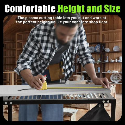 Man measuring on 32 Inch Plasma Cutting Table With 21 Inch Wide Slatted Top And 30 Inch Long Work Surface 250 Lb Capacity