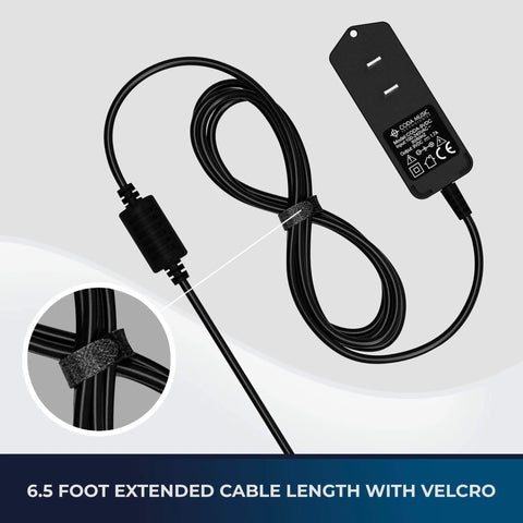 Beefy 9V Guitar Pedal Power Supply With 1.7A Regulated Output Center Negative Tip showing 6.5 ft cable and Velcro tie