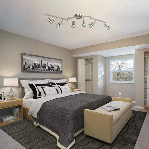 Bedroom with Six Light LED Track Lighting Kit In Matte Nickel Finish, 46.5 Inch Modern Ceiling Track With Flexible Rotatable Heads