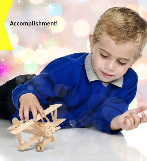 Child playing with Nieuport 17 Wooden Airplane Model Puzzle Kit For Builders Teens And Adults A Cool 3D Plane Construction Toy