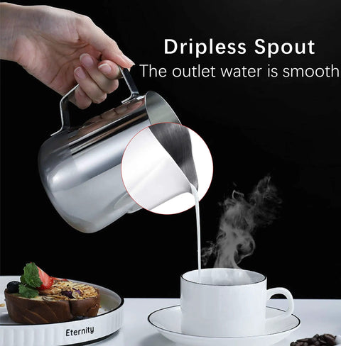 Go-To Milk Frothing Pitcher Jug For Espresso And Latte Art Foam Making pouring into a cup with dripless spout.