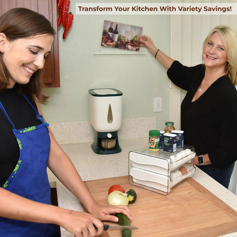 Two women in kitchen with Egg Holder For Refrigerator With 40 Egg Capacity Two Tray Plastic Design Includes Time Tracker Brush And Nonslip Lid Top