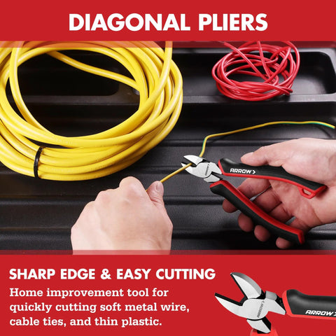 Close-up of 6 Inch Diagonal Cutter from 3 Piece Pliers Set Including 8.5 Inch Linesman, 8 Inch Needle Nose Pliers, cutting wire