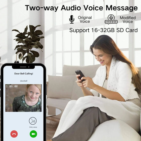 Woman using smartphone with video call interface, demonstrating 1080P Video Doorbell With Night Vision And Two Way Audio Battery Powered Outdoor Security Camera Instant Alerts Human Detection SD Card Or Cloud Storage No Subscription Easy Install Works With Chime.