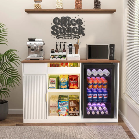 Snack Bar Cabinet With Fridge Space And Candy Display Shelf, All In One Coffee Station For Home Theater Or Game Room