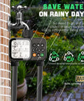 2 Zone Hose Timer With Auto Rain Delay, 3.3-Inch LCD, IP54 Waterproof Drip Irrigation Controller outdoors in rain, attached to faucet.