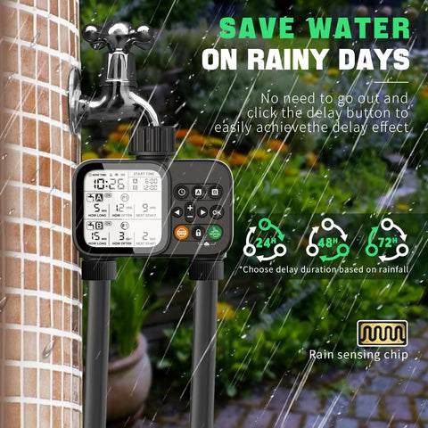 2 Zone Hose Timer With Auto Rain Delay, 3.3-Inch LCD, IP54 Waterproof Drip Irrigation Controller outdoors in rain, attached to faucet.