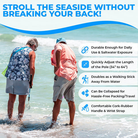 Two people using Beach Dipper Sifter Shovel For Beachcombing With 6 Inch Basket, Adjustable Sea Glass Shell And Shark Tooth Picker on shoreline