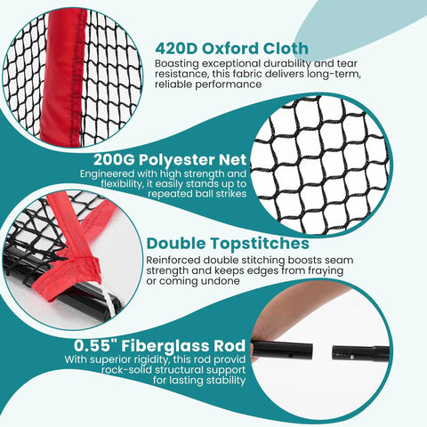 Close-up of Backyard Golf Net 10x7 Ft With Frame For Indoor And Outdoor Practice, material details and stitching in red and black