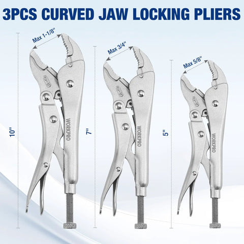 5 Piece Locking Pliers Set With Chrome-Vanadium Steel, Curved Jaw Vice Grips And Long Nose Pliers, 5, 7, 10 Inch Curved Jaw