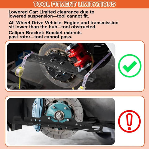 Wheel Alignment Tool Kit With Two Measuring Tapes Matte Black Toe And Camber Plates For Home Garage Use Pro Grade Front End Alignment Tool For DIY Car Maintenance shown on vehicle wheel with fitment limitations