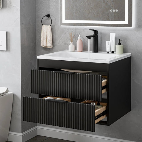 24 Inch Modern Mdf Bathroom Vanity With Sink Wall Mounted Floating Cabinet Featuring Smooth Glide Drawers And Matte Black Handles For A Top Shelf Bathroom Glow Up And Zero Clutter Setup