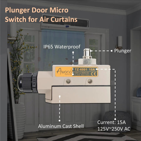 Heavy Duty Plunger Door Micro Switch For Air Curtains 250V 15A IP65 Limit Switch NO NC With Durable Aluminum Shell shown indoors