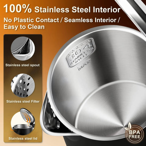 Compact 0.8L Travel Electric Kettle With Double Wall 304 Stainless Steel Auto Shut Off Portable Kettle interior view