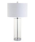 Clear Chrome Modern Glass Table Lamp For Living Room And Bedroom Slick Minimalist Nightstand Bedside Light With White Linen Drum Shade LED Bulb Included ETL Listed For Safe Clean Look, showing clear glass base and chrome accents.