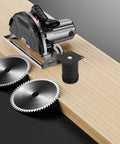 Adjustable Black Stainless Steel Furniture Legs 4 Pack With Height Adjustment and saw blades on wood surface