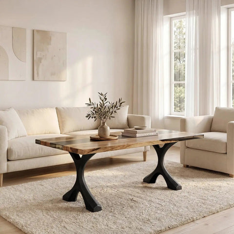 Living room with Industrial Coffee Table Legs Set Of 2, 16.1 Inches High, heavy-duty support, minimalist rustic farmhouse vibe.