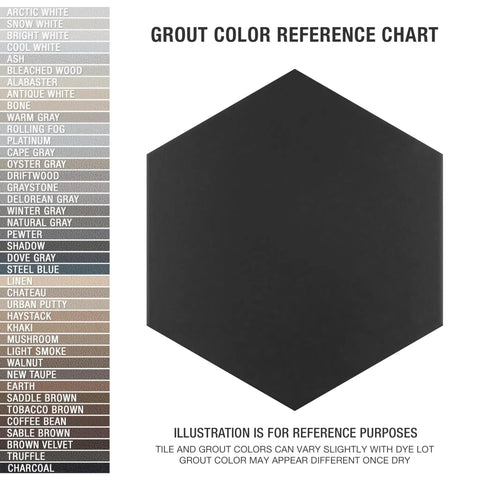 Apini Hex Matte Black Porcelain Tile For Floors And Walls 9 One Eighth By 10 One Half Inches with grout color chart on side