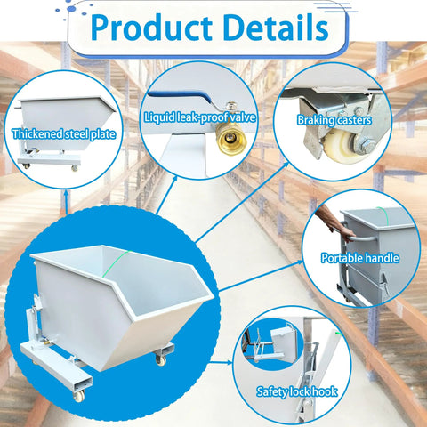 No Sweat Heavy Duty Steel Self Dumping Hopper Shifts From Forklift Or Push Cart Mode Effortlessly Features four smooth roll casters and drain valve.