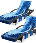 Blue grey Pair Of Tie Dye Lounge Chair Covers With Pockets 85x30 In Oversized Beach Poolside Chaise Covers for patio garden set of 2