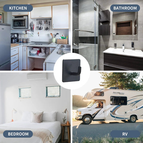 Collage showing uses of No Drill Stainless Steel Adhesive Hooks Waterproof Shower Hooks in kitchen, bathroom, bedroom, RV.