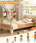 Low Profile Twin Floor Bed With Quick Release Guardrails And Sturdy Wood Frame For Zero Fuss Independent Rest and Totally Hassle Free Crib To Big Kid Transition For Growing Children in bright room with toys.