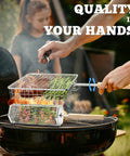 Person using Removable Wooden Handle Grill Basket Set With 304 Stainless Steel Rolling BBQ Tools for Vegetables and Fish on grill