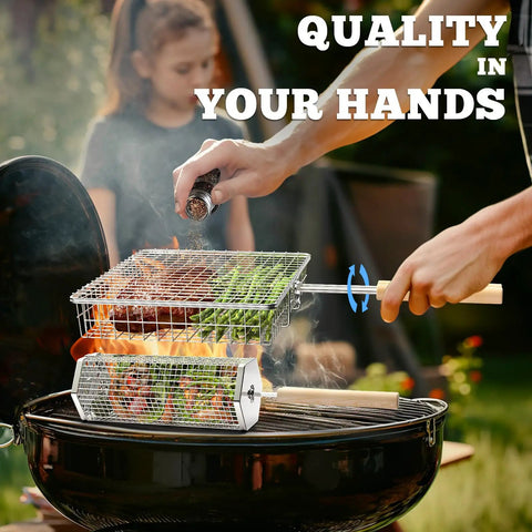 Person using Removable Wooden Handle Grill Basket Set With 304 Stainless Steel Rolling BBQ Tools for Vegetables and Fish on grill