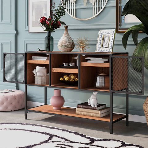 Rock Solid Industrial Buffet Sideboard Console Table With Rustic Farmhouse Barnwood Vibe And Heavy Metal Grid Doors displaying storage compartments.